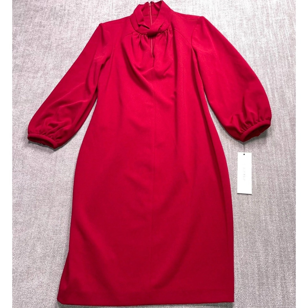 Calvin Klein Midi Dress Womens 6 Red Balloon Sleeve Gathered Mock Neck Back Zip